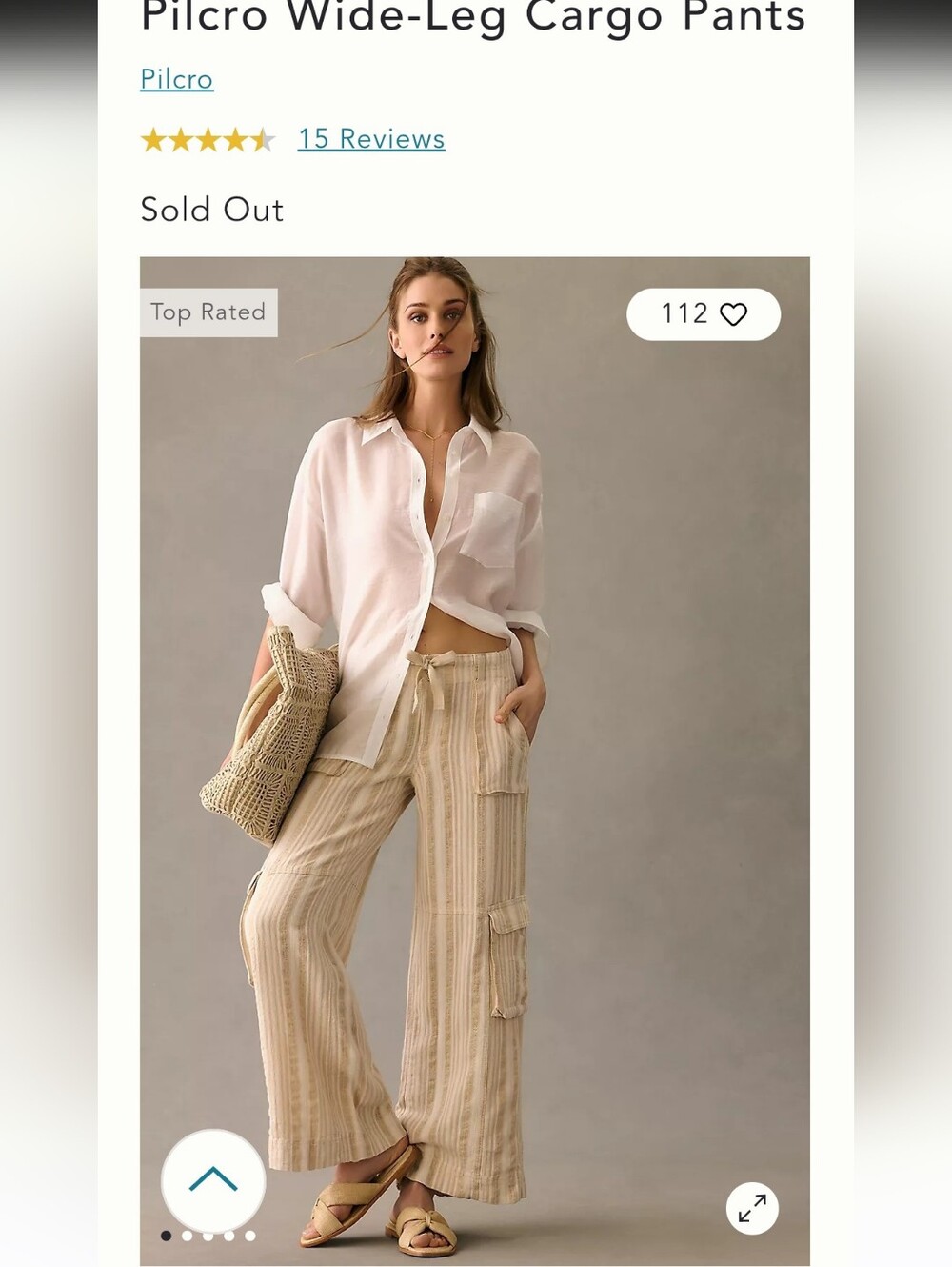 Anthropologie Pilcro Cream and Beige Striped Wide-Leg Cargo Pants 32" Sz 28